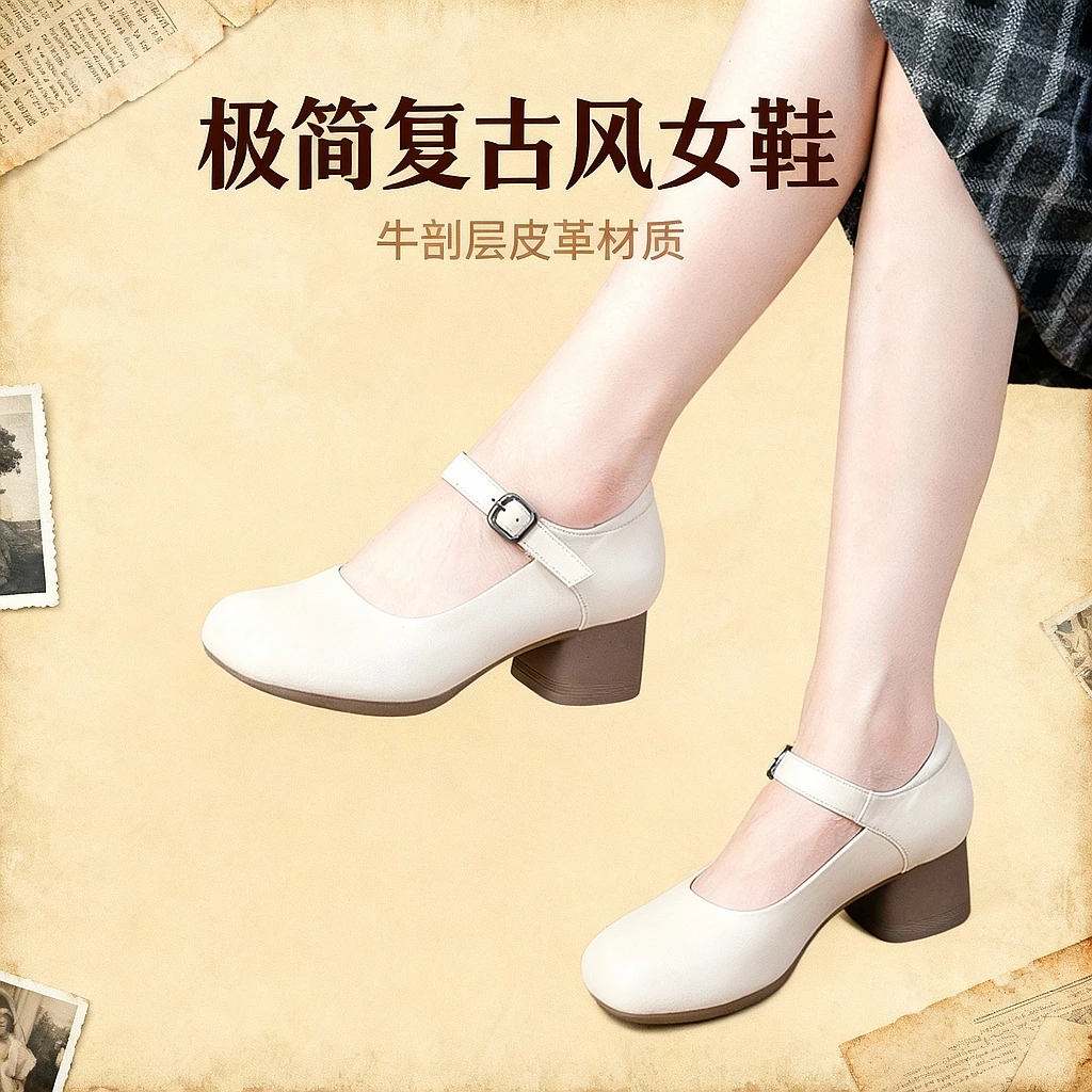 25205秋季单鞋真皮粗跟百搭玛丽珍女鞋防滑软底软面中跟跳舞鞋女