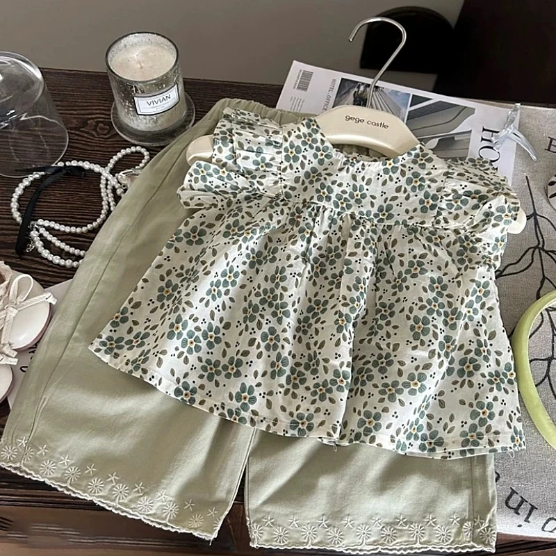 女宝宝碎花森系夏季薄款洋气套头套装童装泡泡袖超洋气娃娃衫