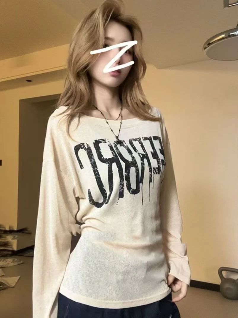 休闲慵懒风字母印花长袖罩衫上衣女百搭夏季中长款宽松微透防晒衫