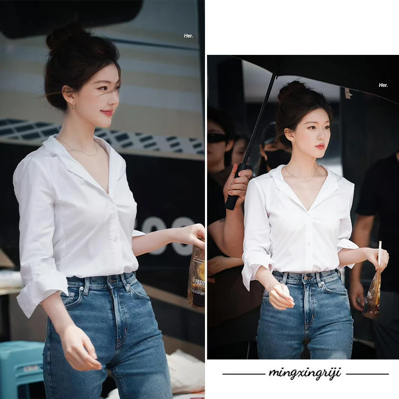 许我耀眼赵露思许妍同款白色V长袖领衬衫女气质百搭职场衬衣上衣