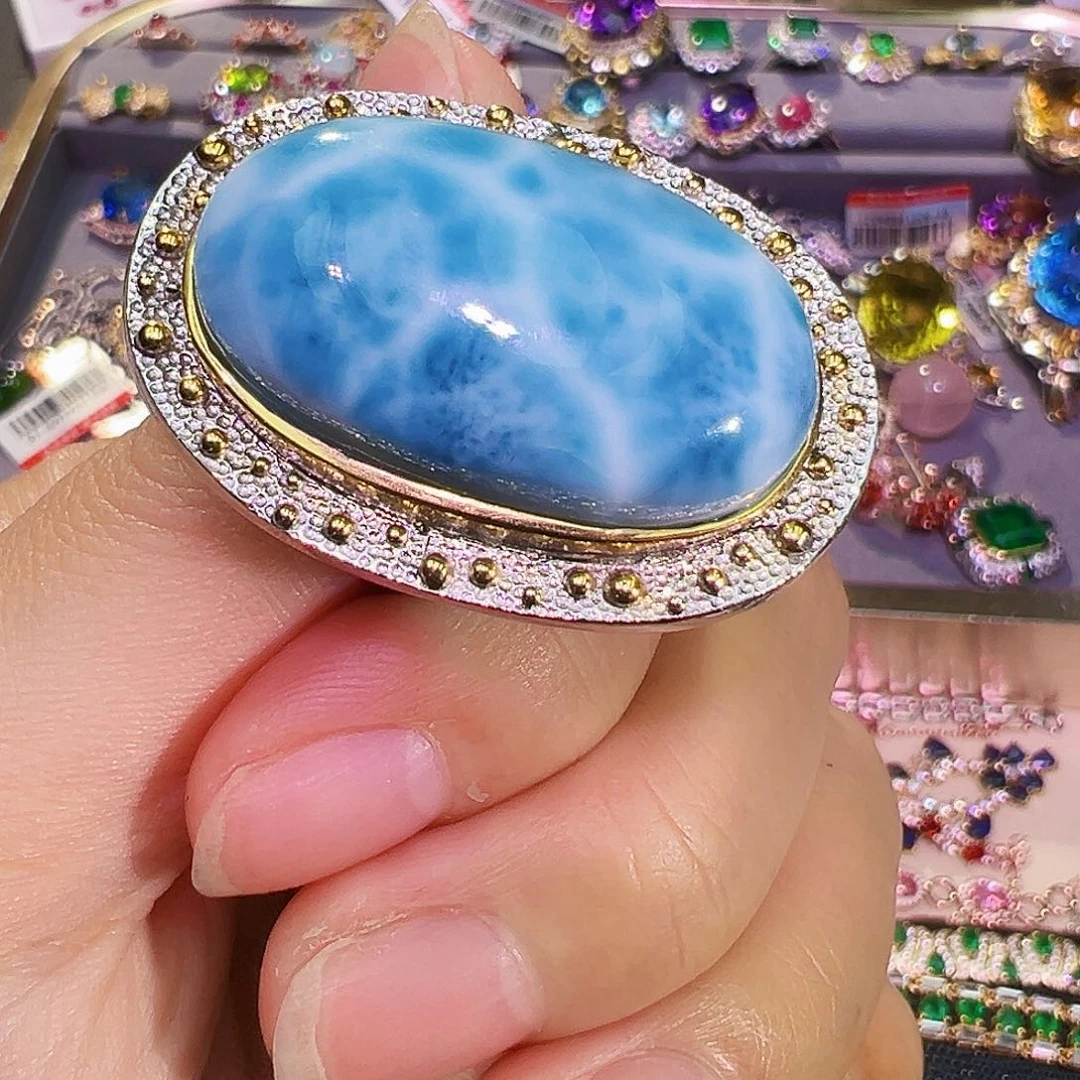 银S925镶嵌针钠钙石（海纹石）珠宝半成品
