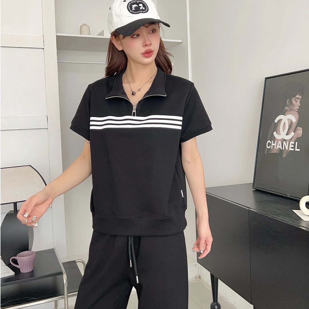 T106夏季新款时尚潮流百搭韩版半拉链短袖女士套装25-87