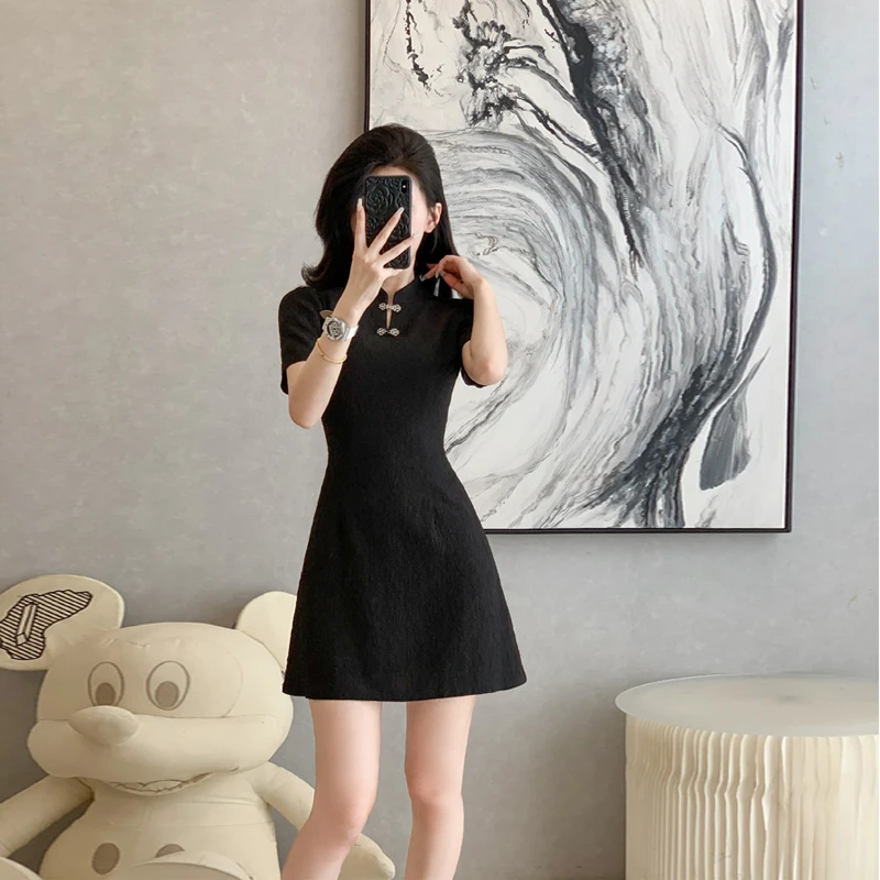 气质收腰法式香风针织旗袍裙女2025年夏季包臀修身常规黑色连衣裙