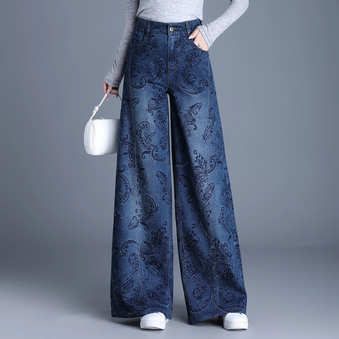 拉夏贝尔复古印花阔腿牛仔裤女2025年新款秋冬高腰显瘦宽松直筒裤