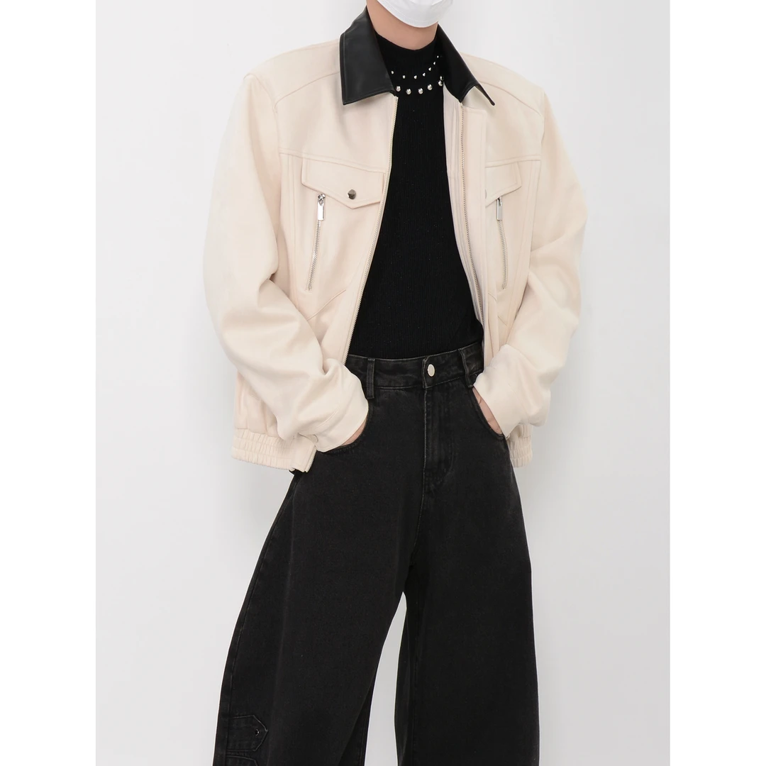 LUCE GARMENT解构复古垫肩毛呢拼接PU皮夹克男vintage休闲外套潮