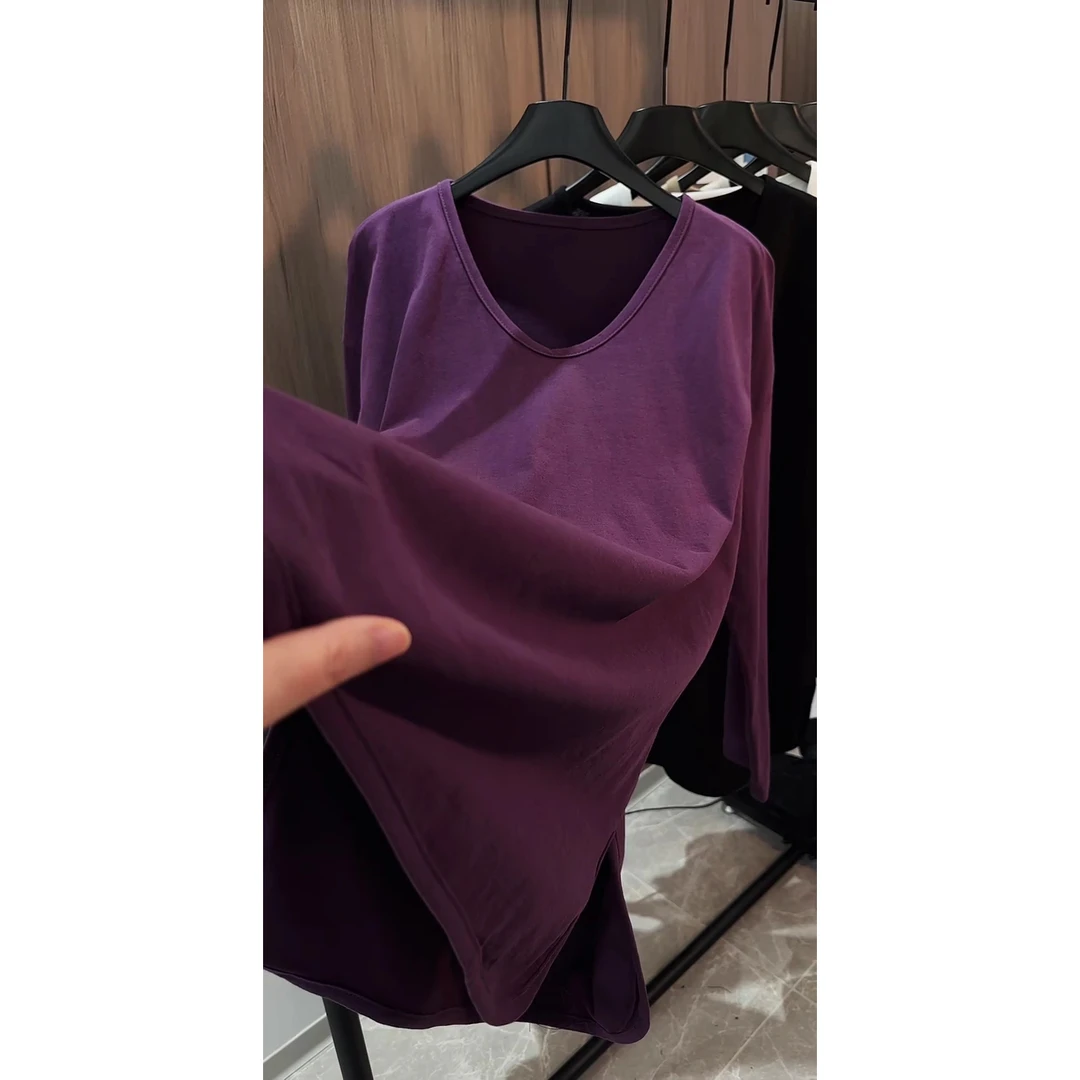 早春新款净版2025年宽松显瘦百搭锁骨V领纯色T恤长袖女