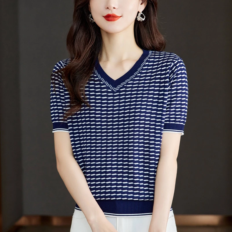 大码女装夏装2025新款洋气V领针织上衣宽松显瘦薄款条纹短袖T恤女