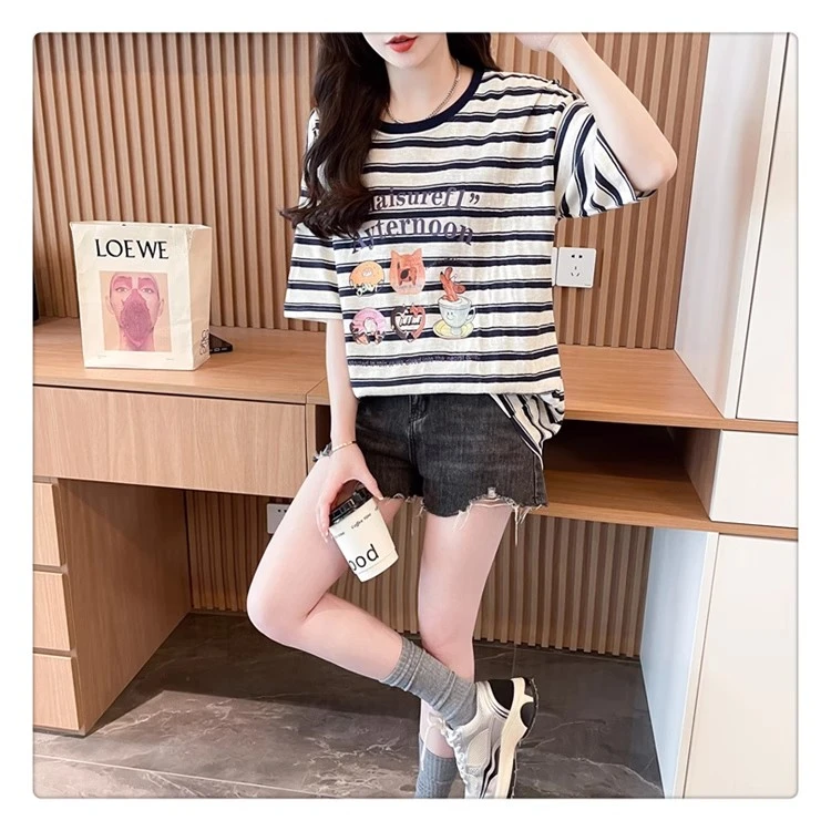 夏装新款减龄孕妇遮肚子条纹衫上衣女时尚宽松百搭短袖t恤女170斤