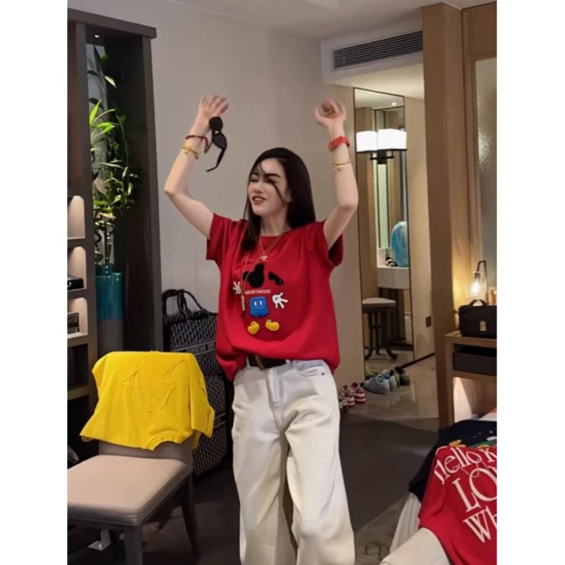 红色圆领纯棉短袖t恤女2025新款设计感印花米奇休闲百搭显瘦上衣