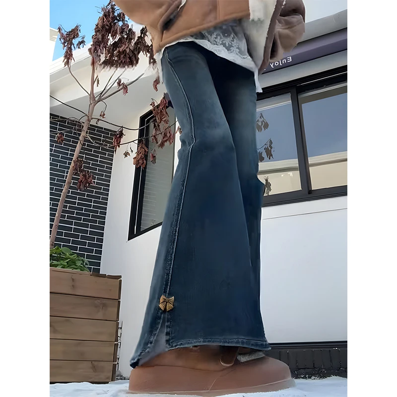 复古开叉微喇牛仔裤女2025春季新款小个子高腰显瘦梨形大码喇叭裤