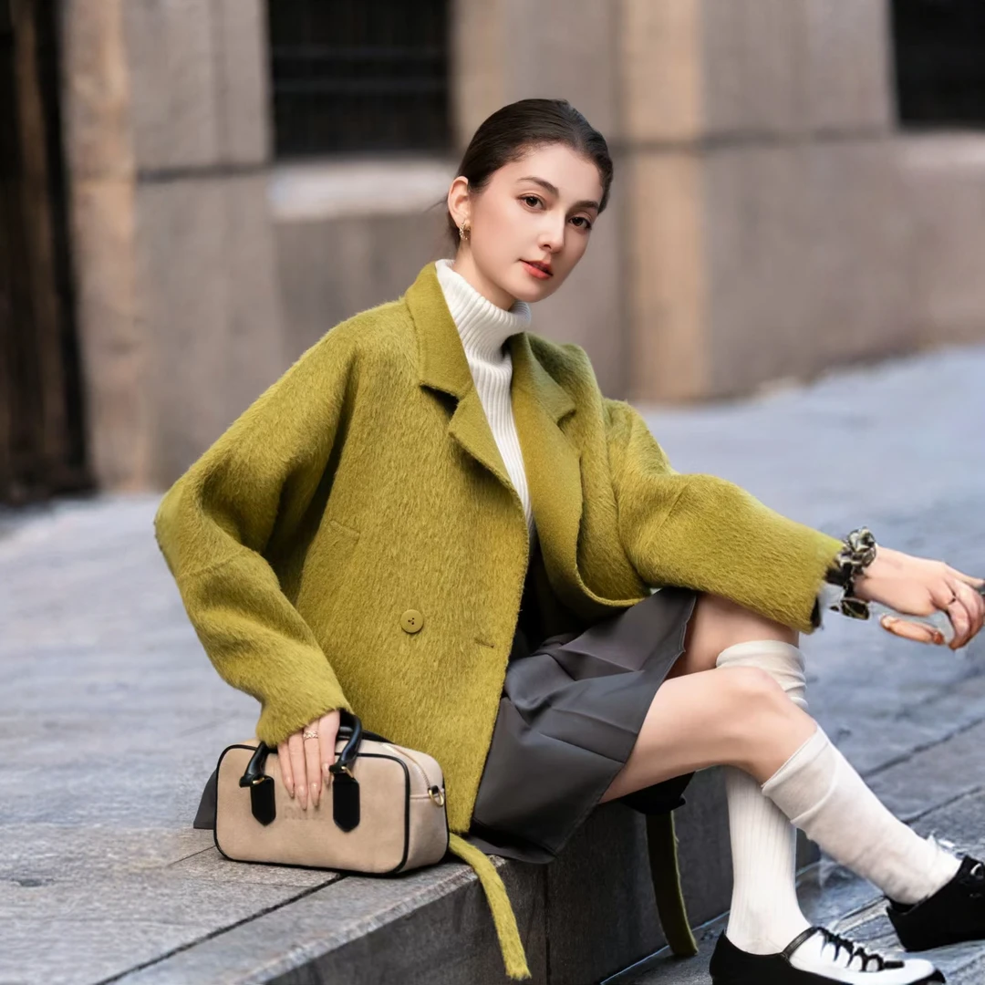 短款羊毛V领苏丽毛双面呢小个子大衣女秋冬春季时尚宽松百搭女士