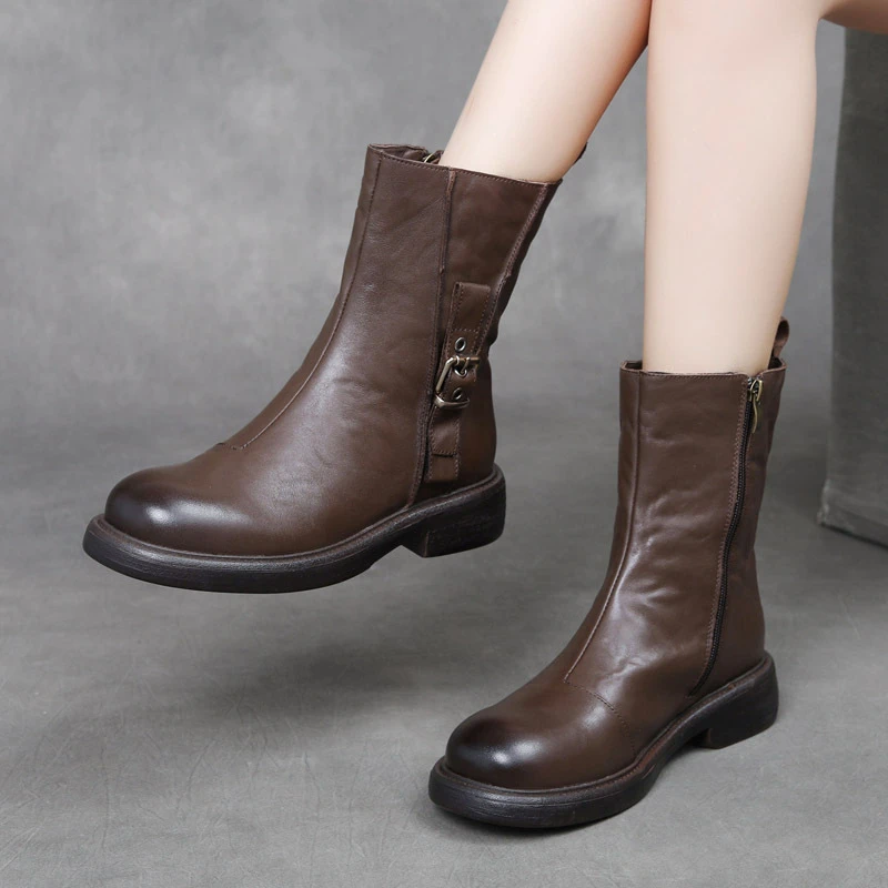 【3052S】25秋冬轻奢手抓纹头层牛皮拉链马丁靴中靴真皮搭扣休闲女