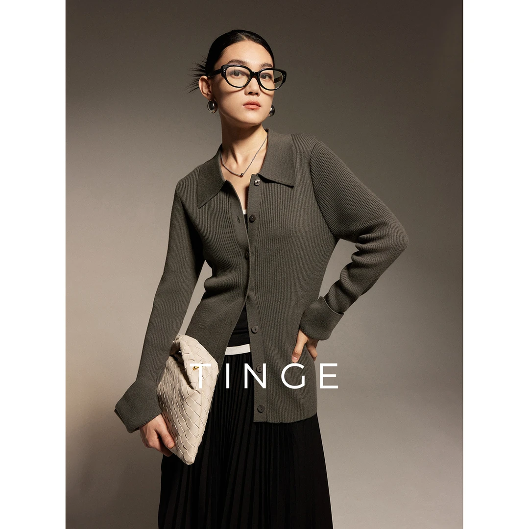 【TINGE】贴己TINGE贴己含羊毛燕尾POLO领条纹针织衫上衣长袖秋季