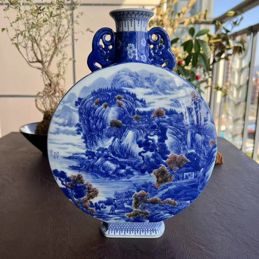 艺家仁青花釉里红山水抱月瓶手绘中式手工家用大号复古物件陶瓷