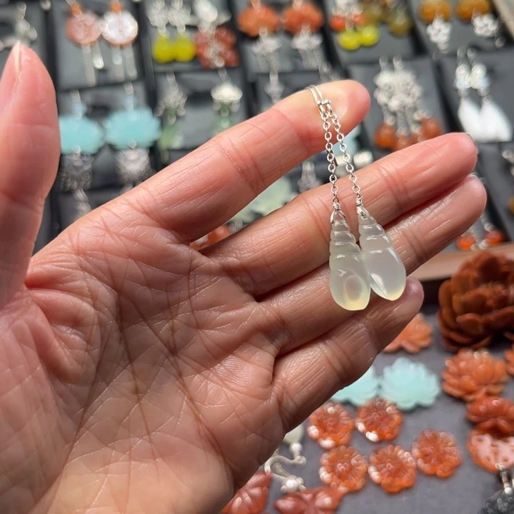 蛇纹石玉耳饰银S925镶嵌