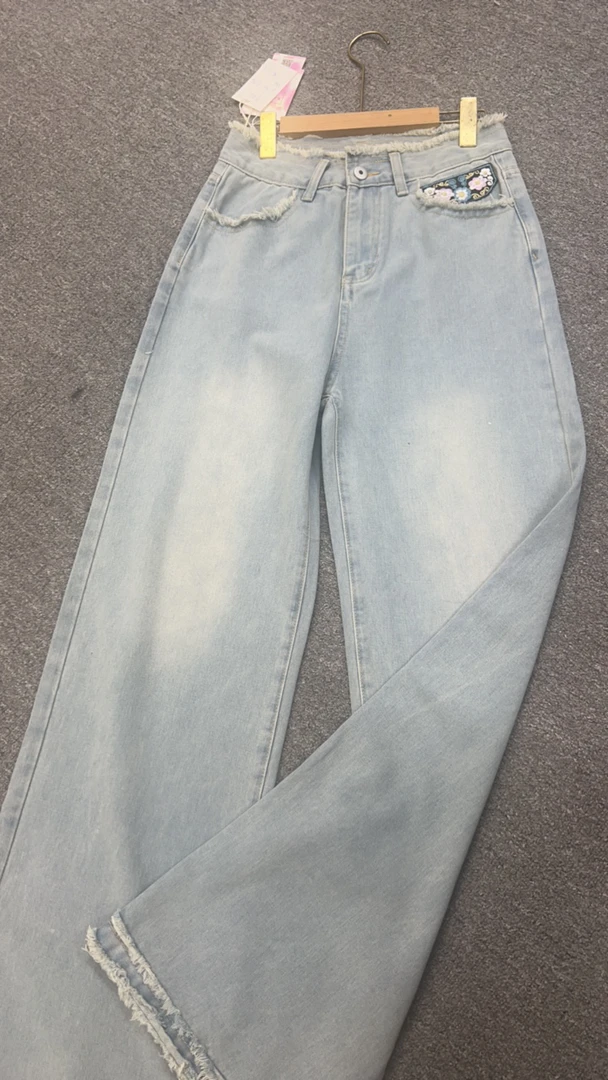 南油朱朱国风浅色牛仔裤子935