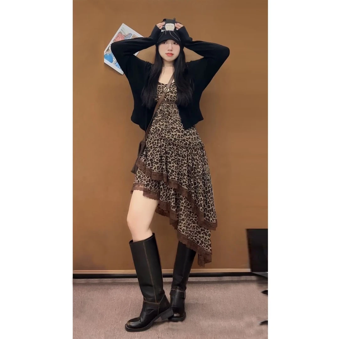 大码美式复古辣妹豹纹蕾丝花边吊带荷叶边连衣裙长袖开衫两件套装