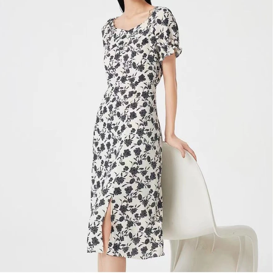 S2322~山野玫瑰法式显瘦中长裙碎花短袖