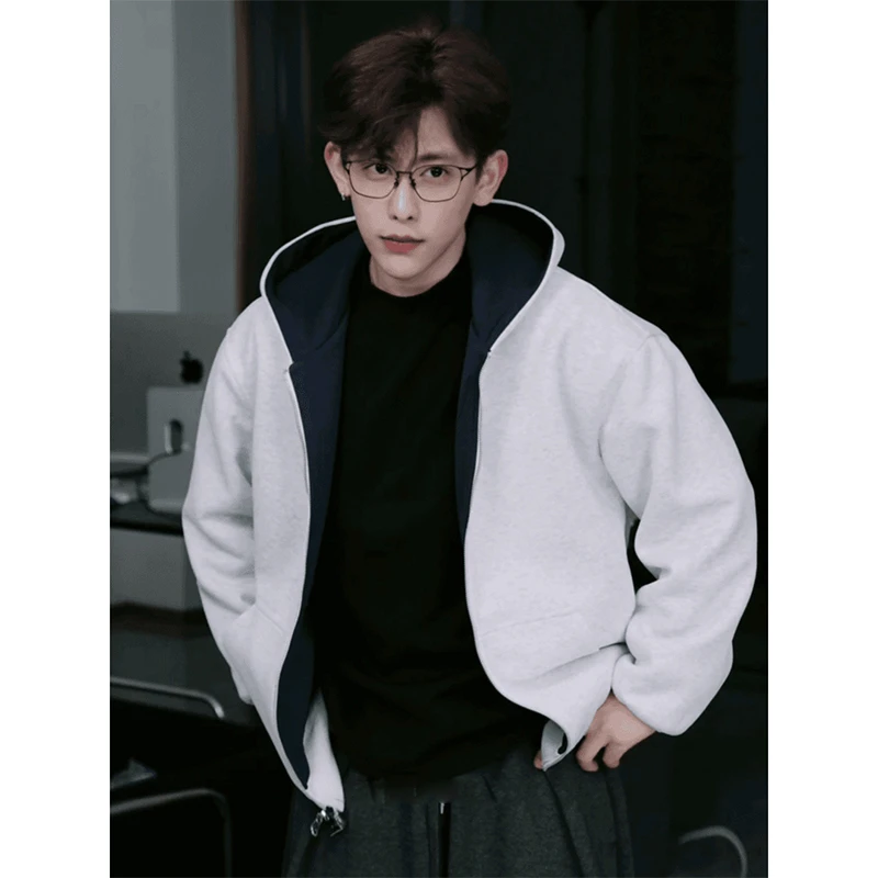 序77双拉链拼色连帽卫衣男秋季重磅boxy硬挺廓形外套美式开衫上衣