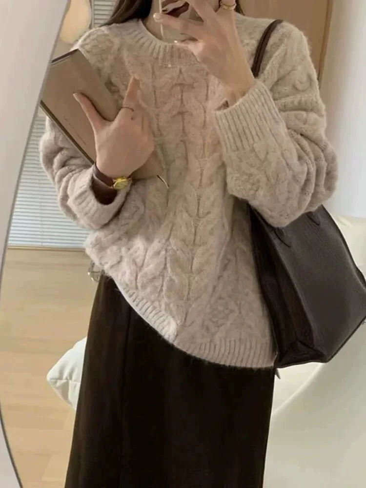 复古高级感麻花毛衣女秋冬加厚慵懒风针织衫外穿上衣韩版宽松