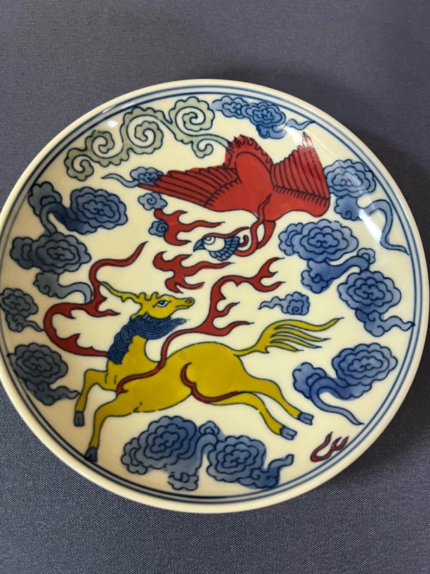景德镇陶瓷黄稀土鹿凤合鸣茶托