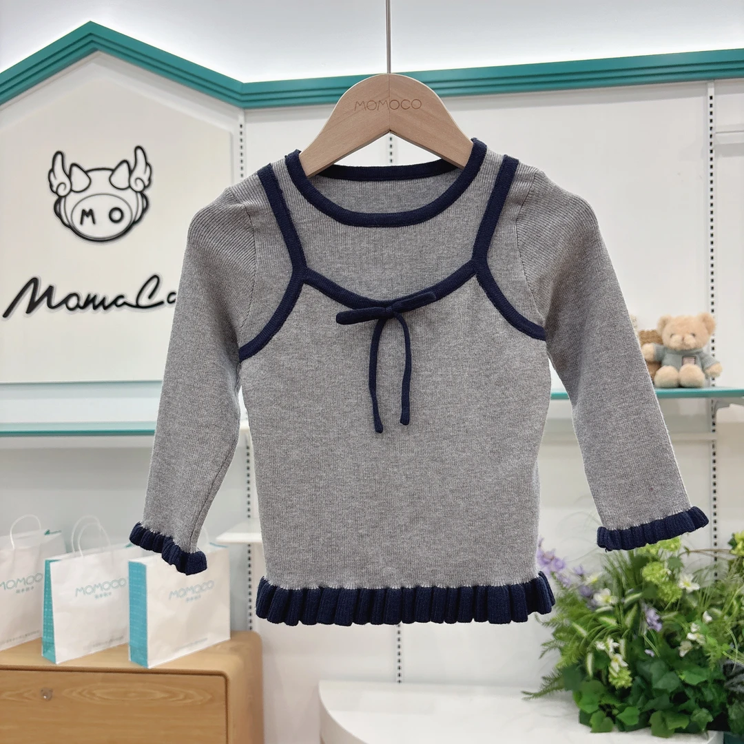 MOMOCO女童秋季儿童时尚可爱甜美假两件拼接针织毛衣20250915001