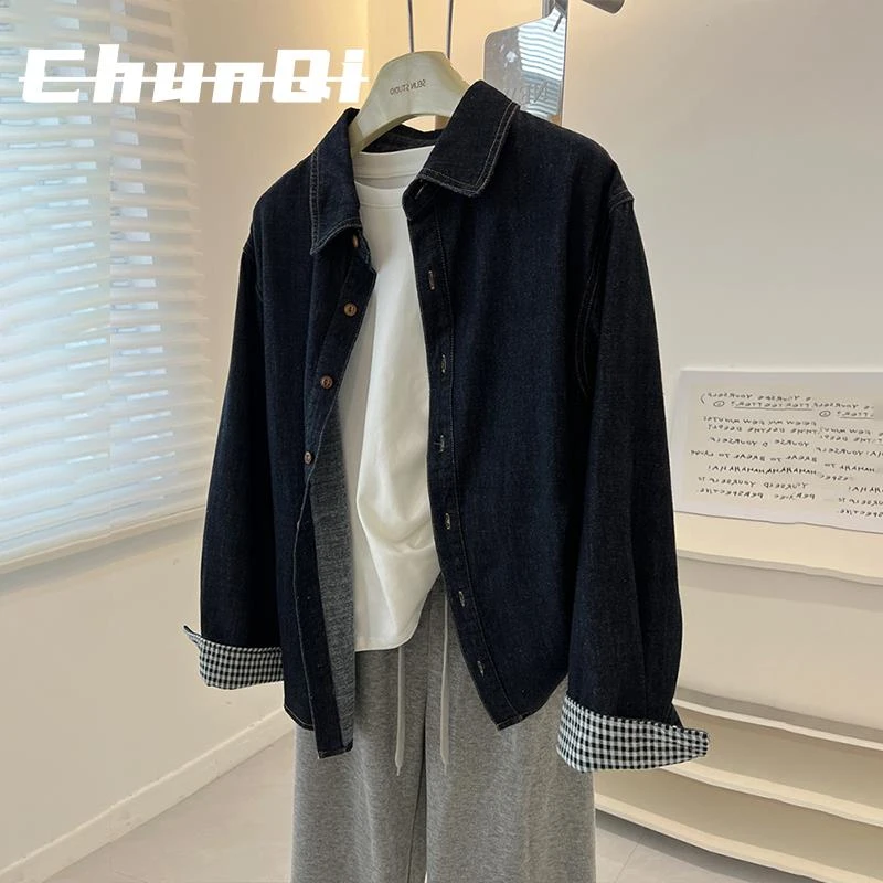 淳启格子拼接袖口深蓝色牛仔衬衫外套女宽松休闲小个子夹克上衣潮