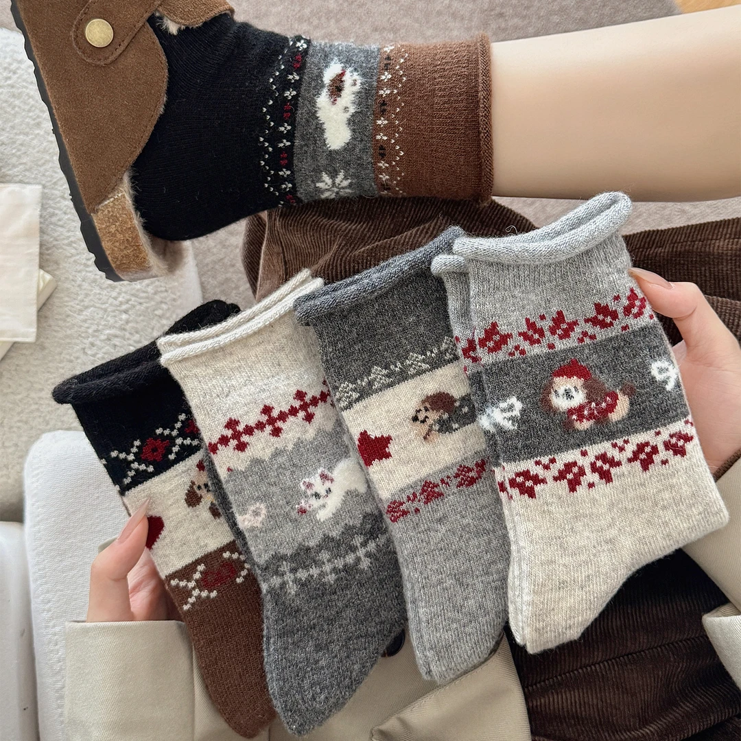 杭臻羊毛袜子女秋冬季中筒袜加厚保暖2025新款可爱卡通冬天长筒袜