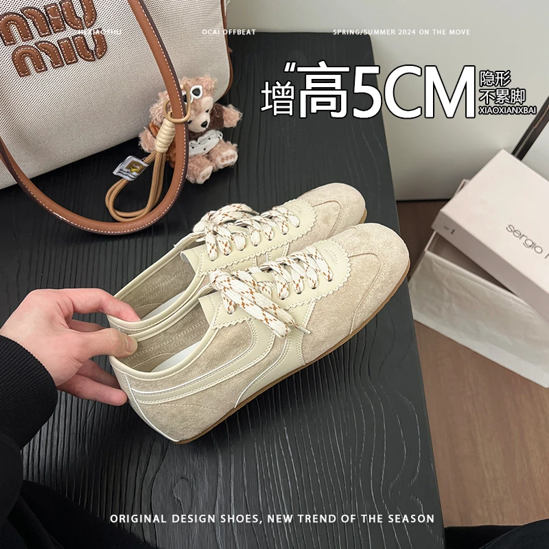 真皮版~小众复古平底内增高德训鞋女春秋新款拼色系带运动休闲鞋