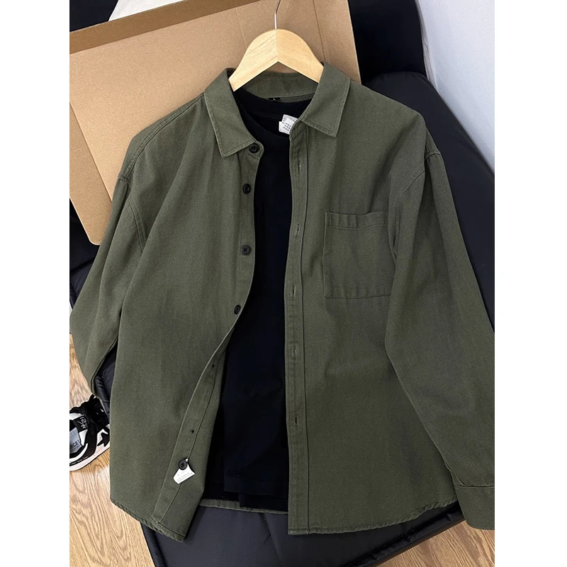 军绿色重磅工装衬衫男秋冬潮牌宽松复古长袖上衣内搭叠穿衬衣外套