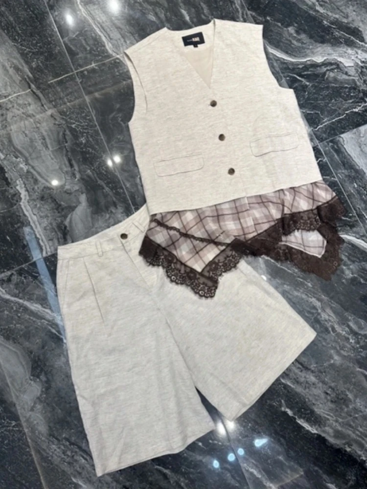 【济州岛】格纹拼接无袖马甲+中裤套装