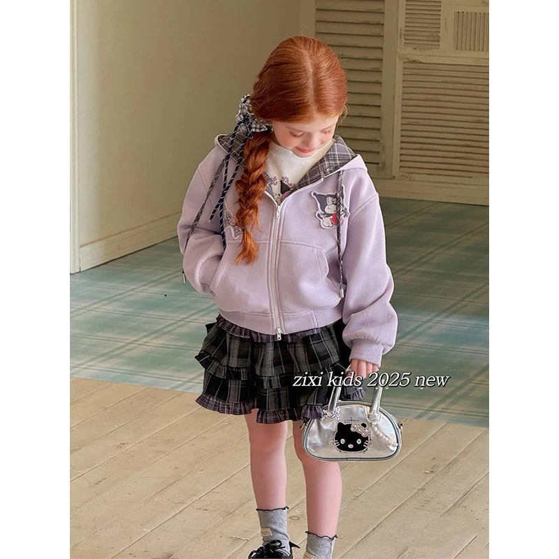 【小王专属】女童库洛米外套韩版女孩连帽格子卫衣外套ZXQ-10164