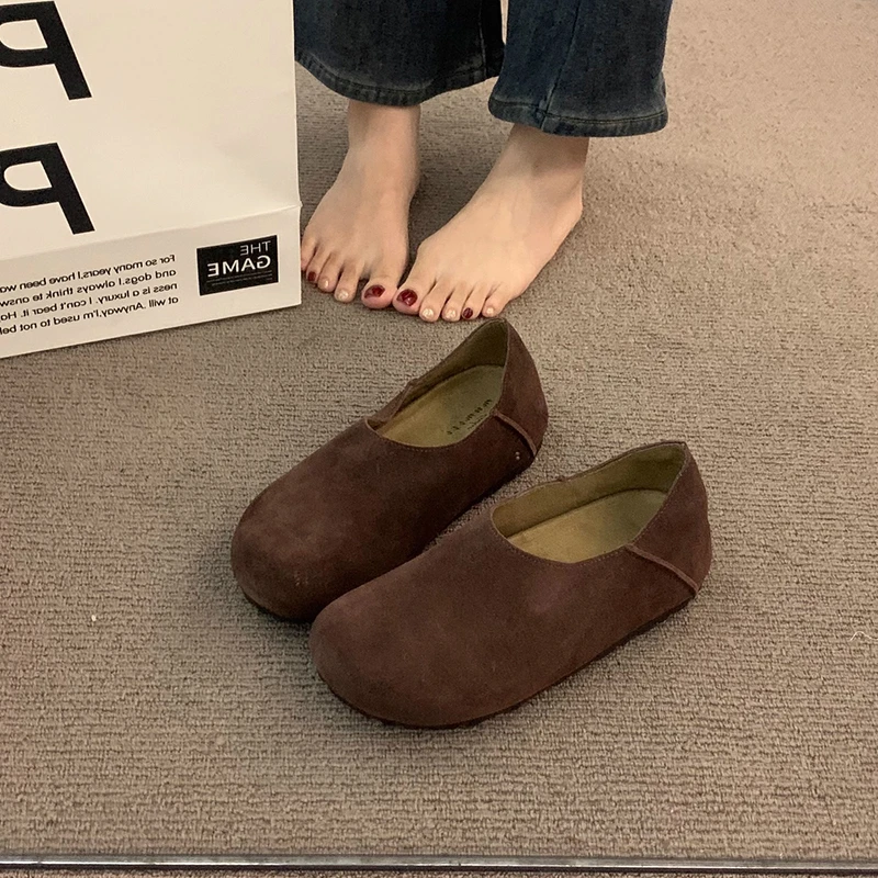 复古圆头两穿勃肯鞋一脚蹬厚底单鞋女2025春秋新款低跟软底豆豆鞋