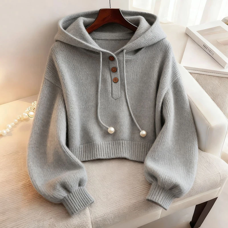小众别致灰色连帽抽绳针织卫衣秋季韩系慵懒风时尚洋气舒适打底衫