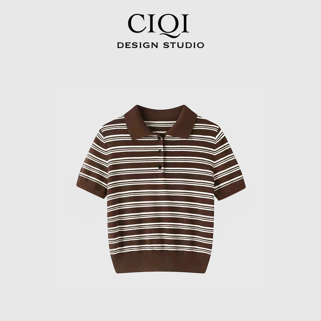 CIQI STUDIO【棕享活力】羊毛混纺复古条纹polo针织短袖DY251018