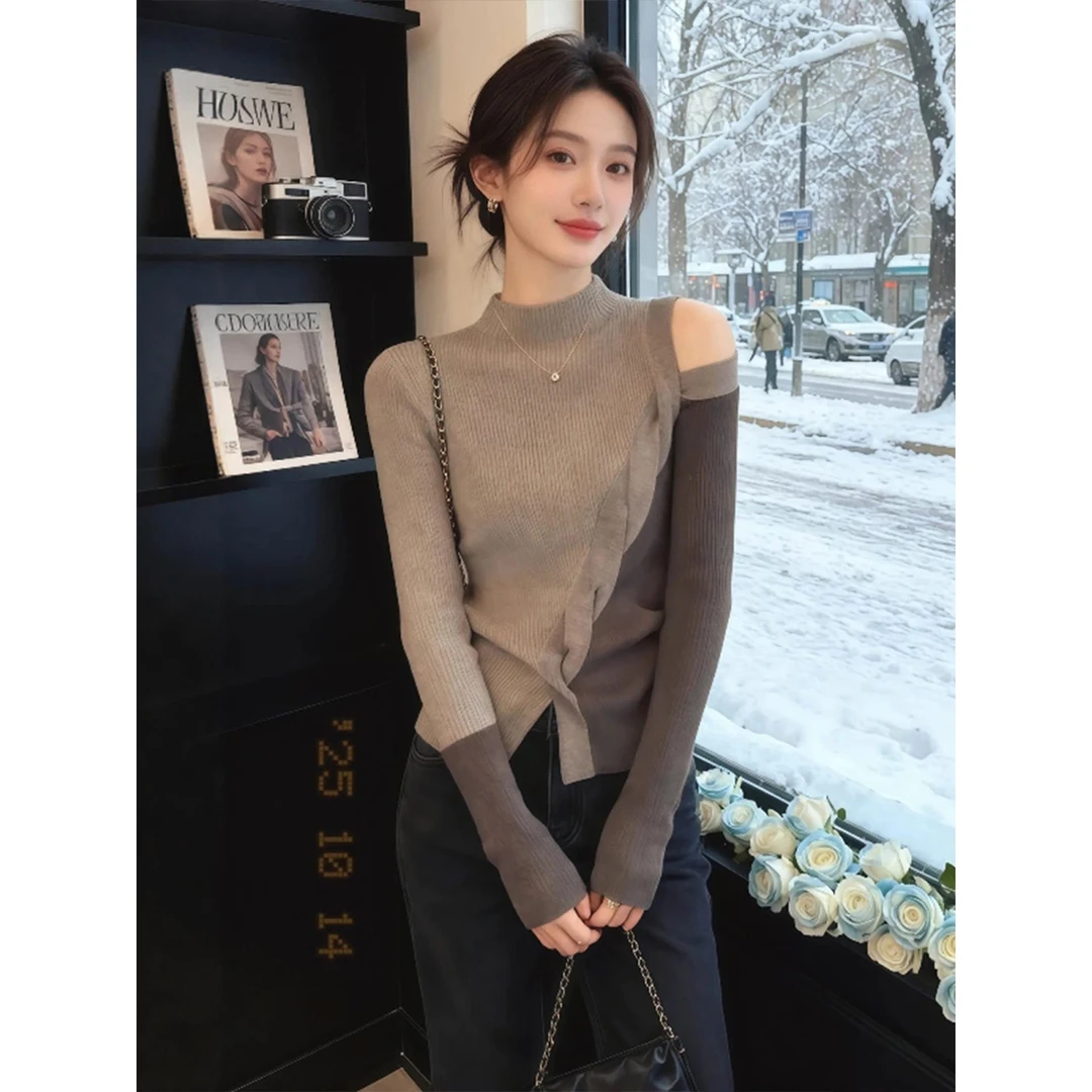 卡其色不规则设计感内搭打底针织衫女今年早秋季氛围感巨好看上衣