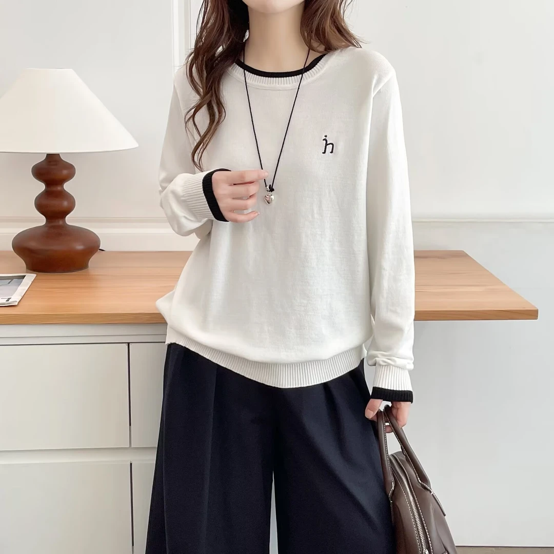 微胖大码长袖毛针织衫圆领百搭假两件韩版休闲显瘦常规款刺绣字母
