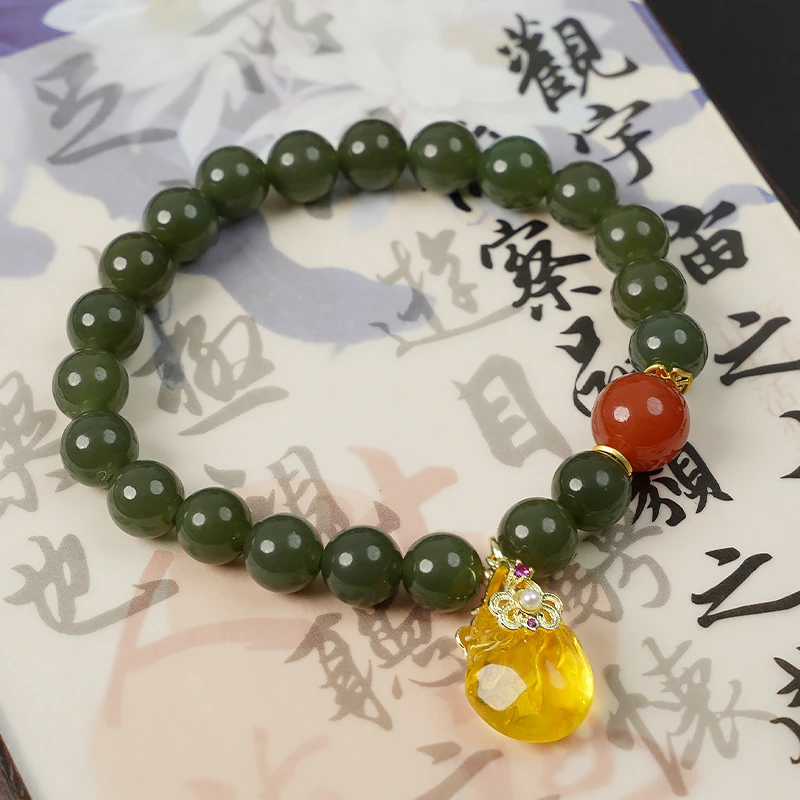 天然和田玉琥珀吊坠手链-8776