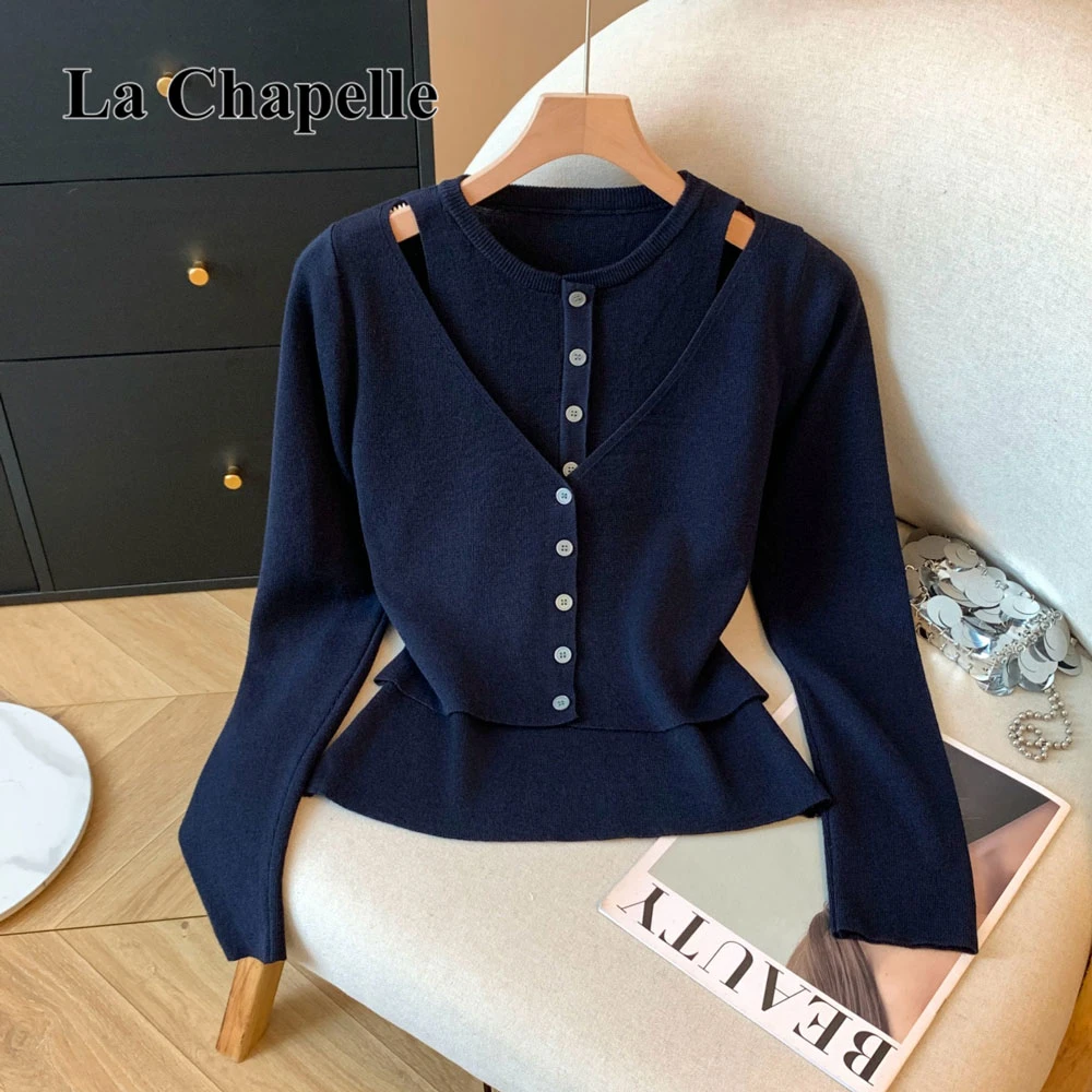 拉夏贝尔法式叠穿时尚气质假两件长袖针织衫女秋小众修身显瘦上衣