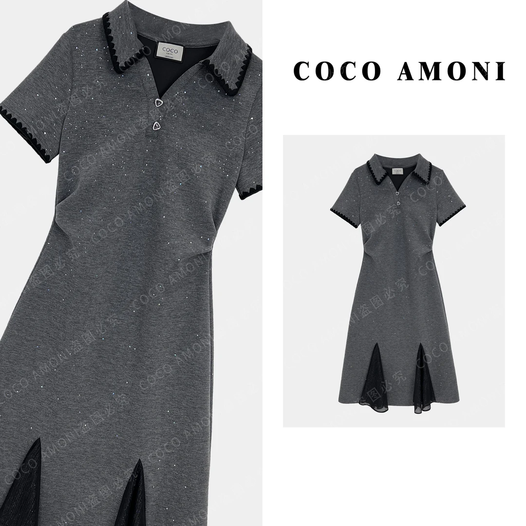 1时尚爆款高级设计师女装拼接重工褶皱收腰显瘦气质连衣裙AC348