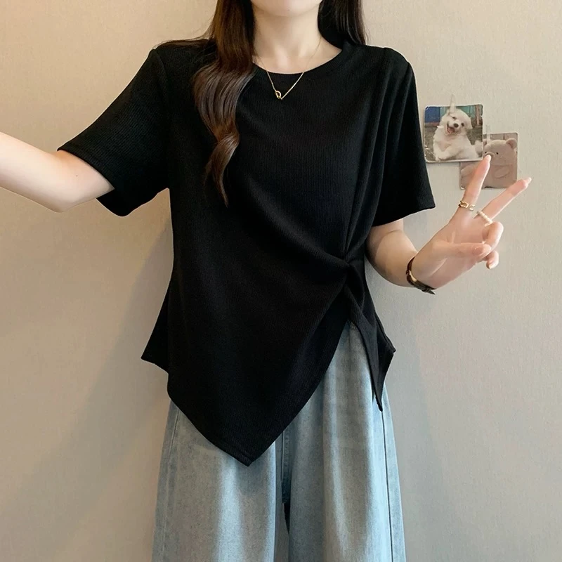 大码黑色正肩t恤短袖女2025新款夏季胖mm不规则遮肚显瘦微胖上衣