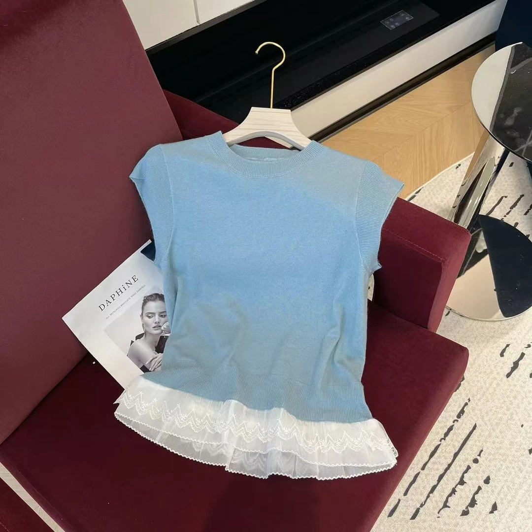 【豆子推荐】SW1591春季坎肩袖拼接蕾丝下摆针织上衣女士时尚