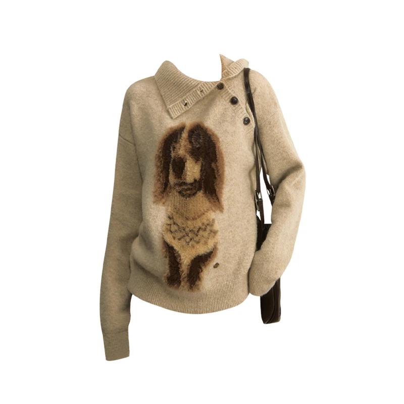 法式复古小狗提花针织衫女秋季宽松慵懒毛衣新款休闲高领长袖上衣