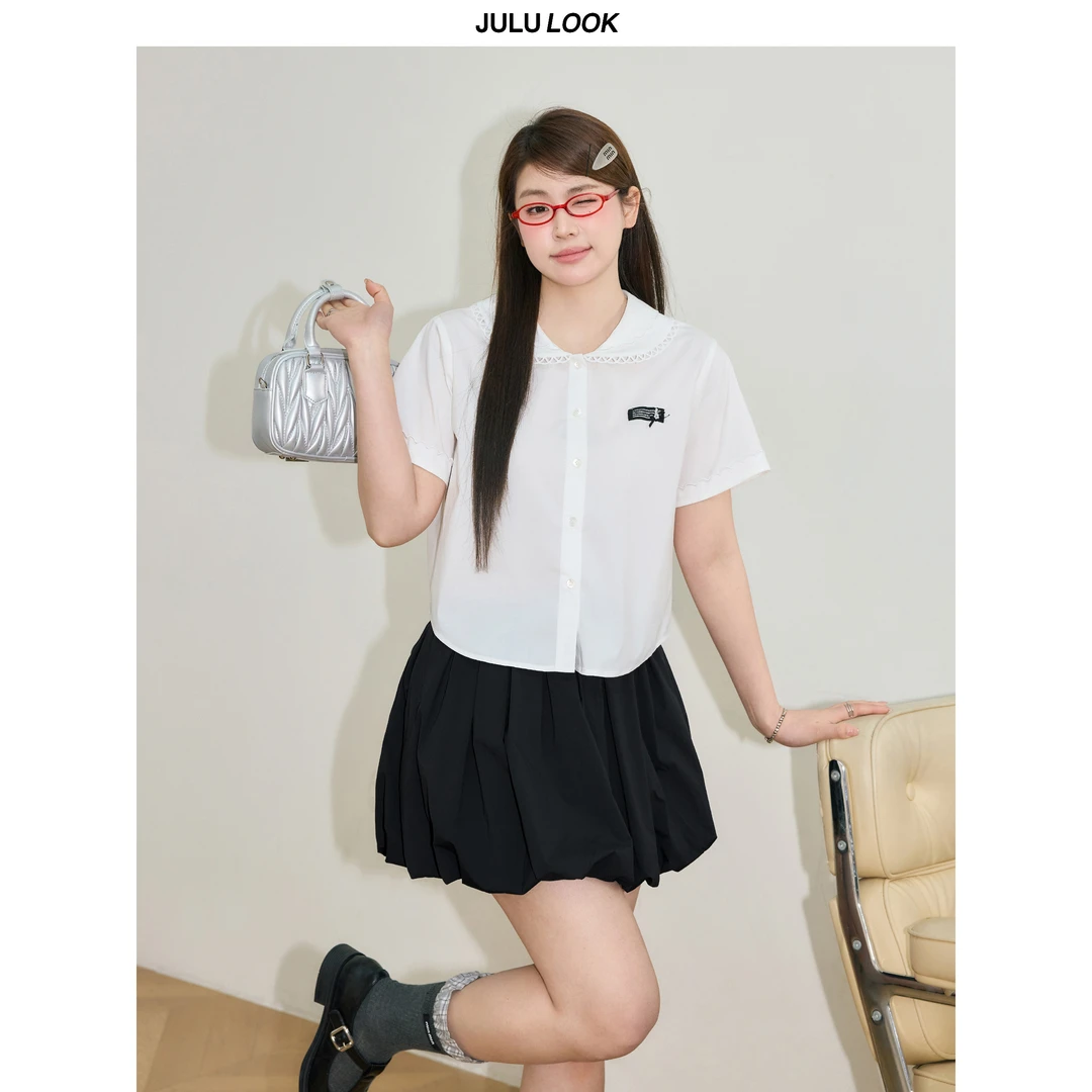 巨鹿工作室“哥本童话书”微胖mm娃娃领miu系短袖白衬衫大码上衣