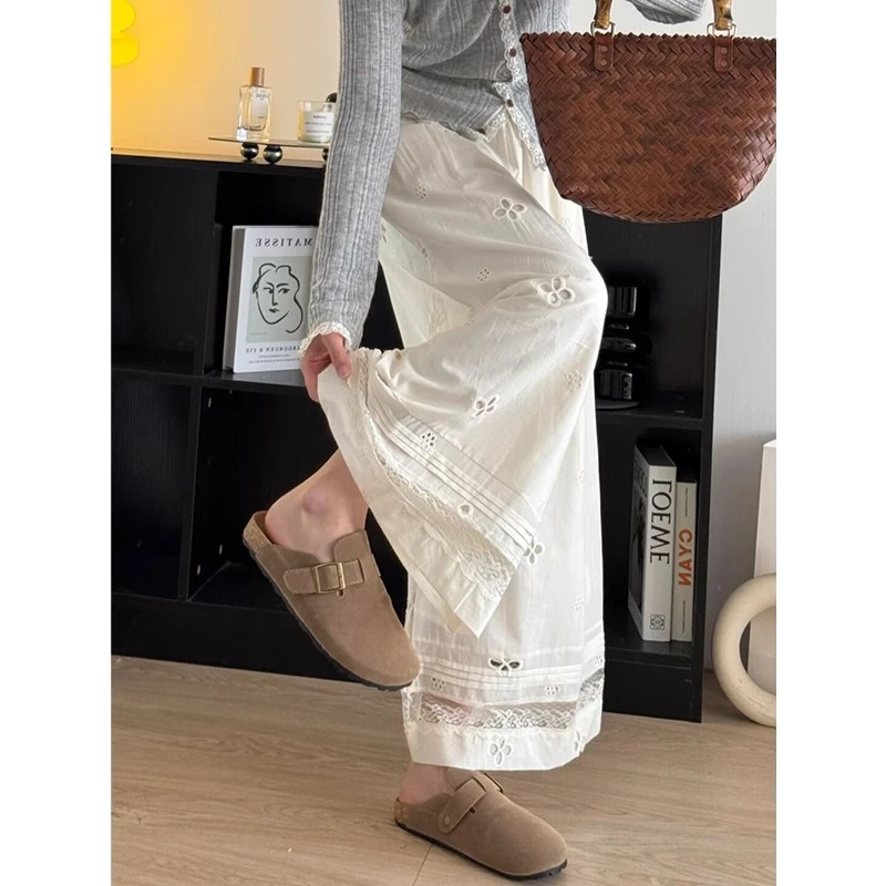 韩系镂空蕾丝拼接阔腿裤女夏季薄款小个子垂感白色宽松休闲直筒裤