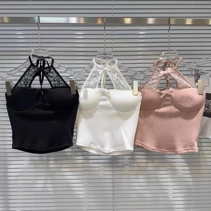 网红同款2024冬季新款纯欲风名媛蕾丝挂脖设计性感胸垫吊带背心女