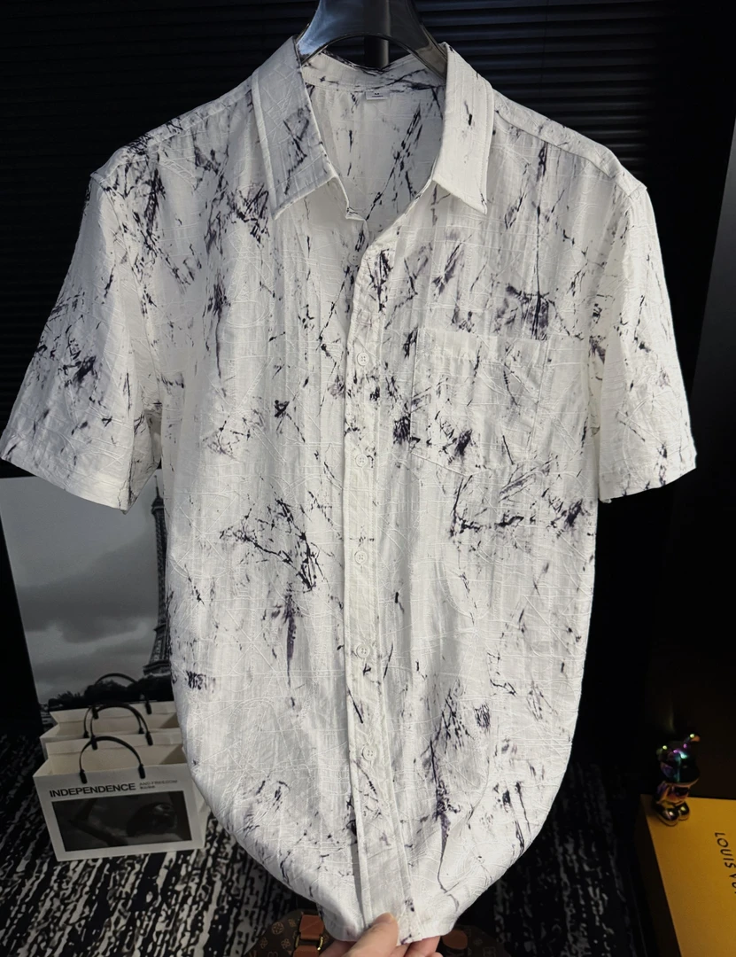 夏季高级拼接休闲百搭舒适翻领短袖衬衫