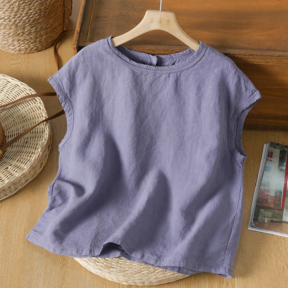 1260全棉短袖T恤文艺复古宽松上衣气质2025夏季新款