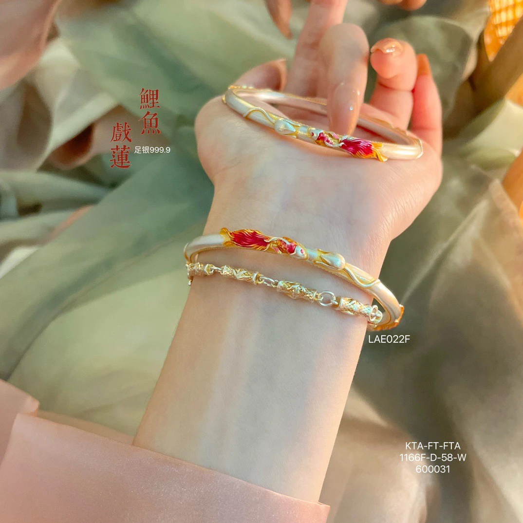 足银手镯 足银9999描金珐琅彩锦鲤闭口手镯