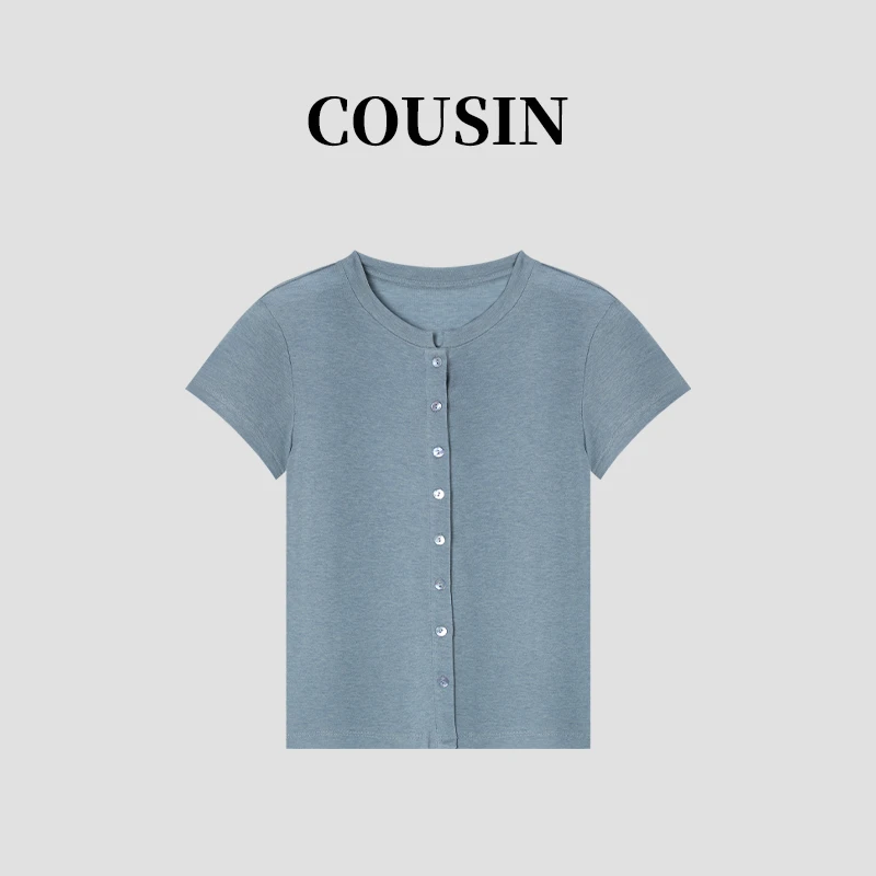 小众别致排扣短袖T恤女夏季新款上衣 2047